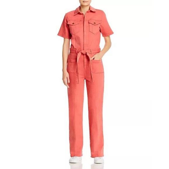 Frame Womens Le Bardot Belted Utility Jumpsuit Stretchy Long Tall Orange Size S - Picture 1 of 14